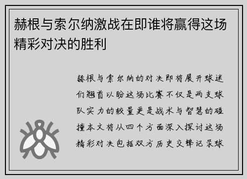 赫根与索尔纳激战在即谁将赢得这场精彩对决的胜利